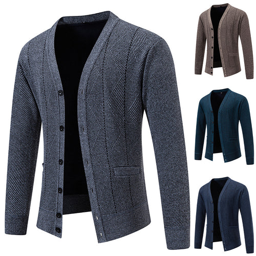 Herren Strukturierter Feinstrick-Cardigan mit Chevron‑Muster, V‑Ausschnitt und Eingrifftaschen Drune