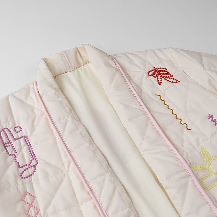 Damen nan gesteppte Kimonojacke mit dekorativer Stickerei, offener Front und aufgesetzten Taschen Drune
