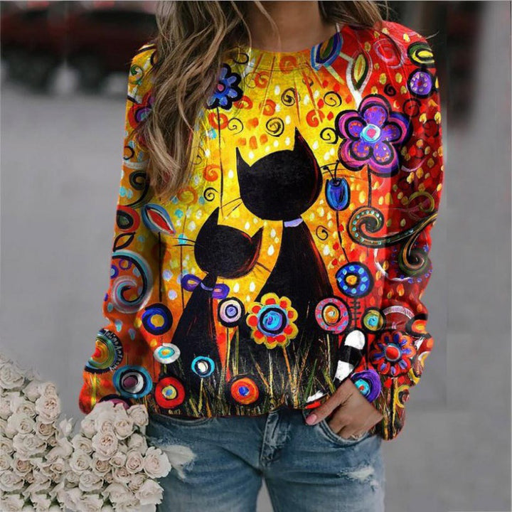 Damen Oversized-Sweatshirt mit künstlerischem Katzen-Print und floraler Musterung Drune