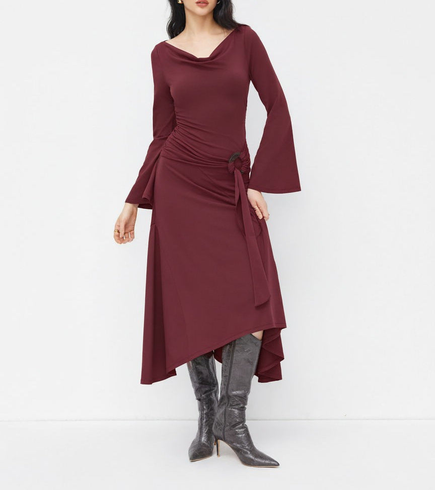 Damen Asymmetrisches Midikleid mit Wasserfallkragen, Glockenärmeln und seitlichem Ringdetail Drune