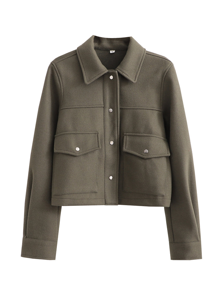 Damen Kurz geschnittene Wolloptik-Jacke mit Pattentaschen und Druckknöpfen Drune