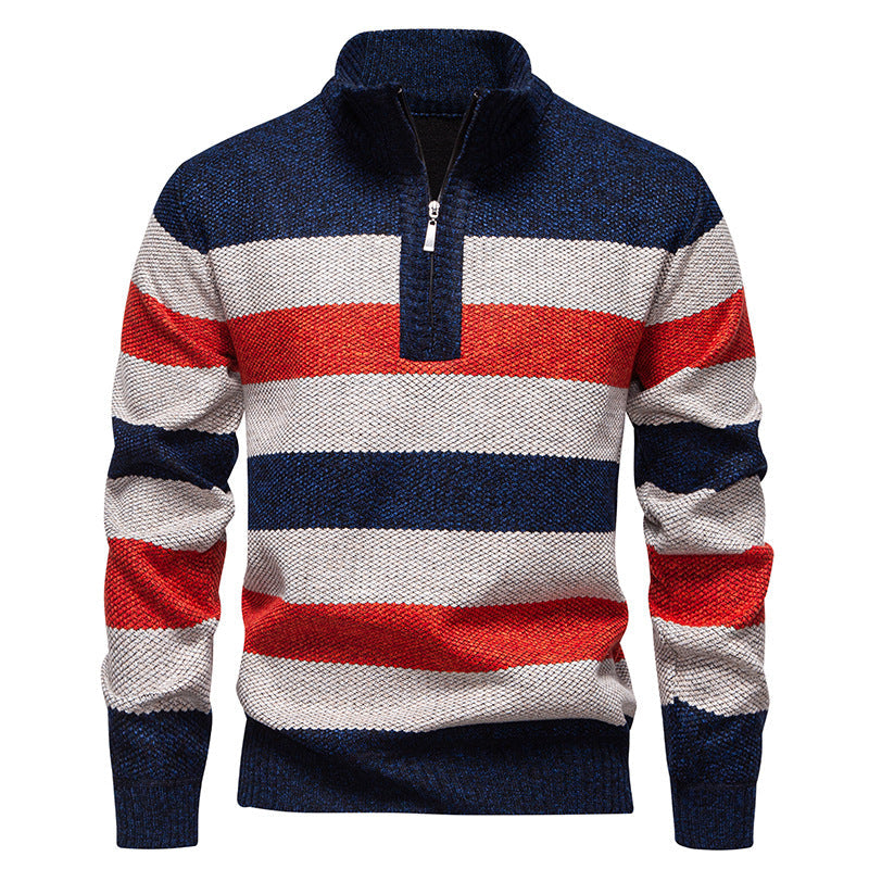 Herren modischer Strickpullover mit halbhohem Kragen und kontrastierenden Streifen Drune