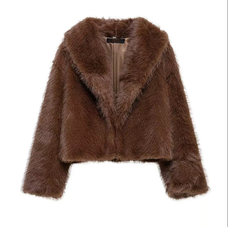 Damen Kurze Cropped Kunstpelzjacke mit voluminösem Schalkragen Drune