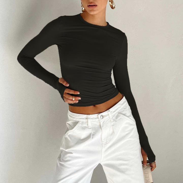 Damen Figurbetontes Crop-Longsleeve mit Daumenlöchern Drune