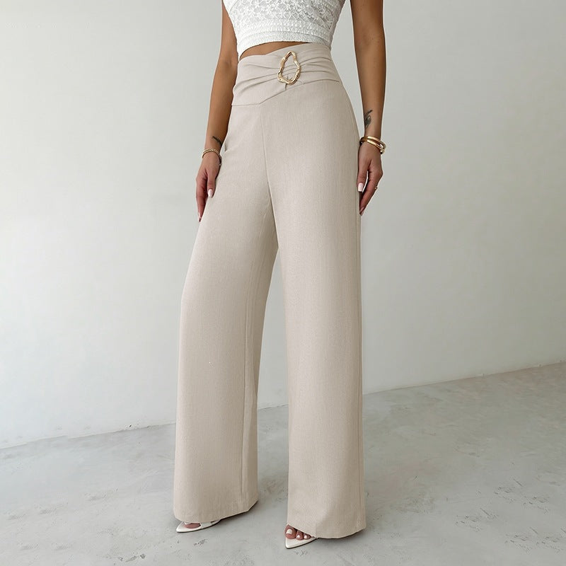Damen Weitgeschnittene Hose mit Hohem Bund und Dekorativem Gürtel Drune