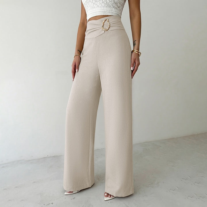 Damen Weitgeschnittene Hose mit Hohem Bund und Dekorativem Gürtel Drune