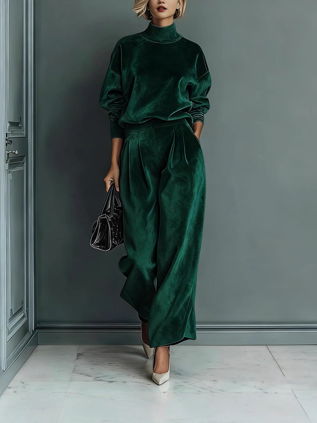 Damen Samt-Lounge-Set mit Rollkragenpullover und weiter Plissee-Hose Drune