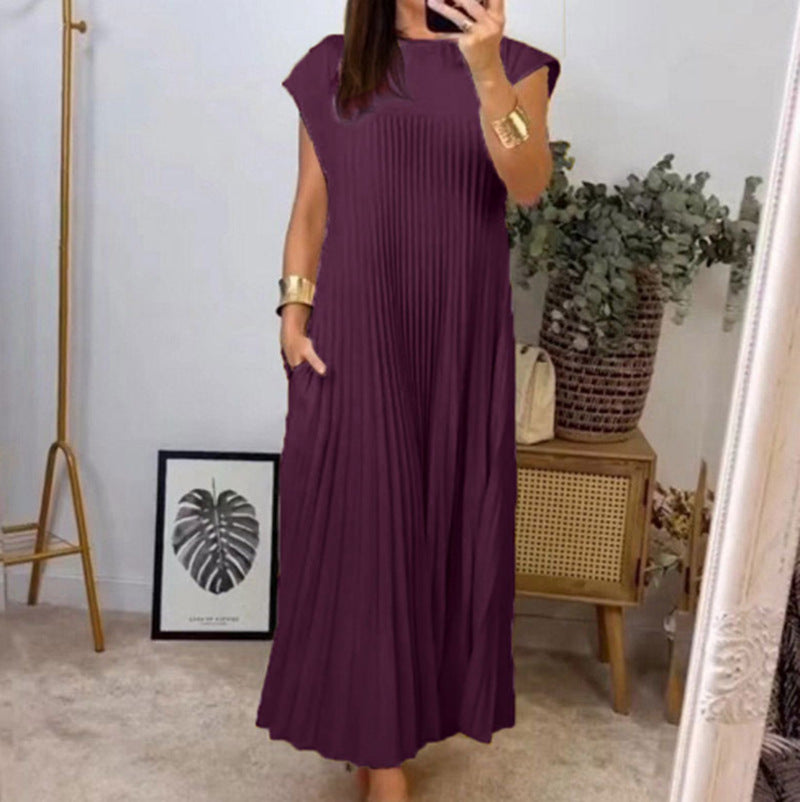 Damen nan fließendes plissiertes Maxikleid mit überschnittenen Schultern und Eingrifftaschen Drune