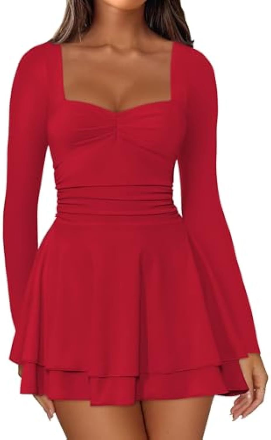 Damen Langarm-Minikleid mit quadratischem Ausschnitt, taillierter Raffung und zweilagigem Volantrock Drune