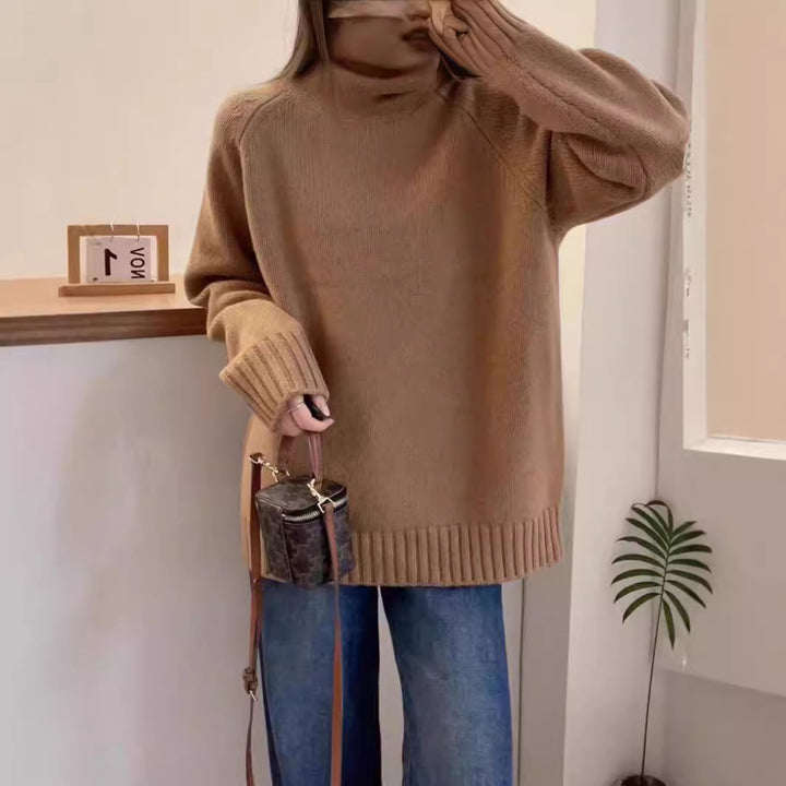 Damen Grobstrickpullover mit Stehkragen und seitlichen Schlitzen Drune