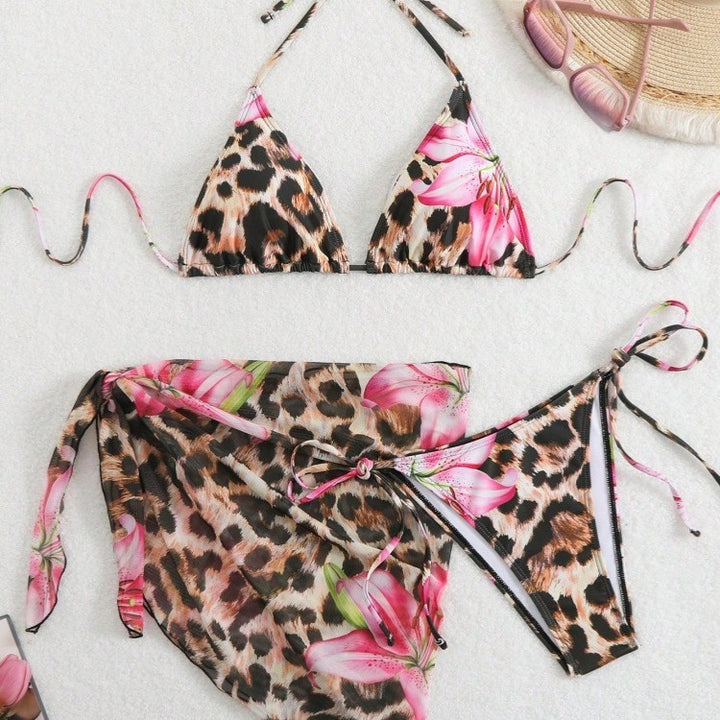 Damen Bikini-Set mit elegantem Leopardenmuster und verspielten Blumendetails Drune