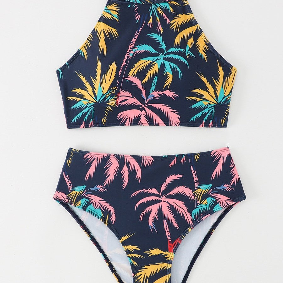 Damen Sportliches Bikini-Set mit hohem Kragen und tropischem Design Drune
