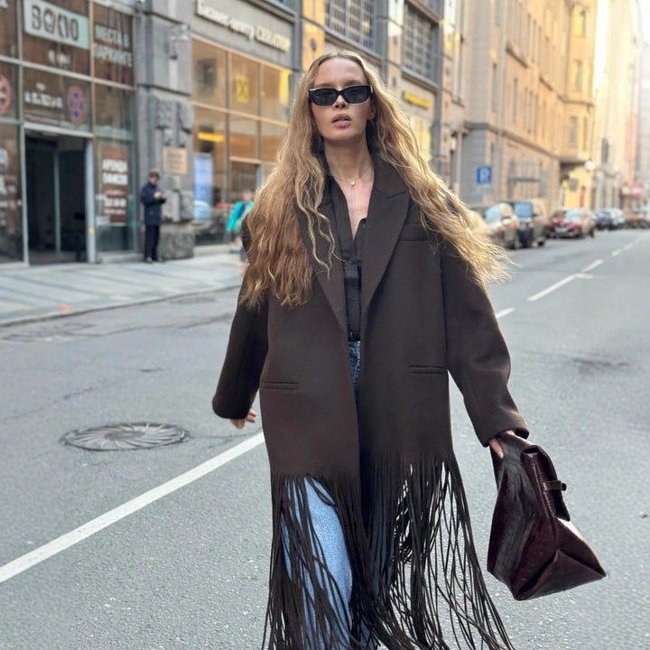 Damen 200+ lang geschnittener Mantel mit Plissee‑Fransen und Ein‑Knopf‑Blazer‑Silhouette Drune