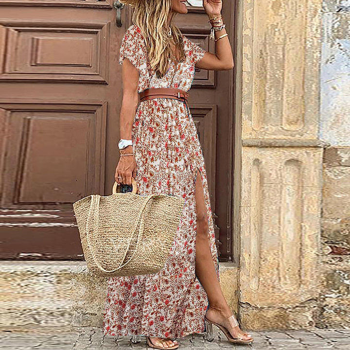 Damen Maxikleid mit seitlichem Schlitz und V-Ausschnitt Drune