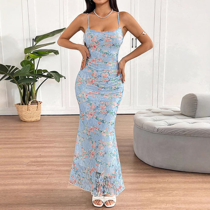 Damen Maxikleid mit feinem Blumenmuster und zarten Spagettiträgern Drune