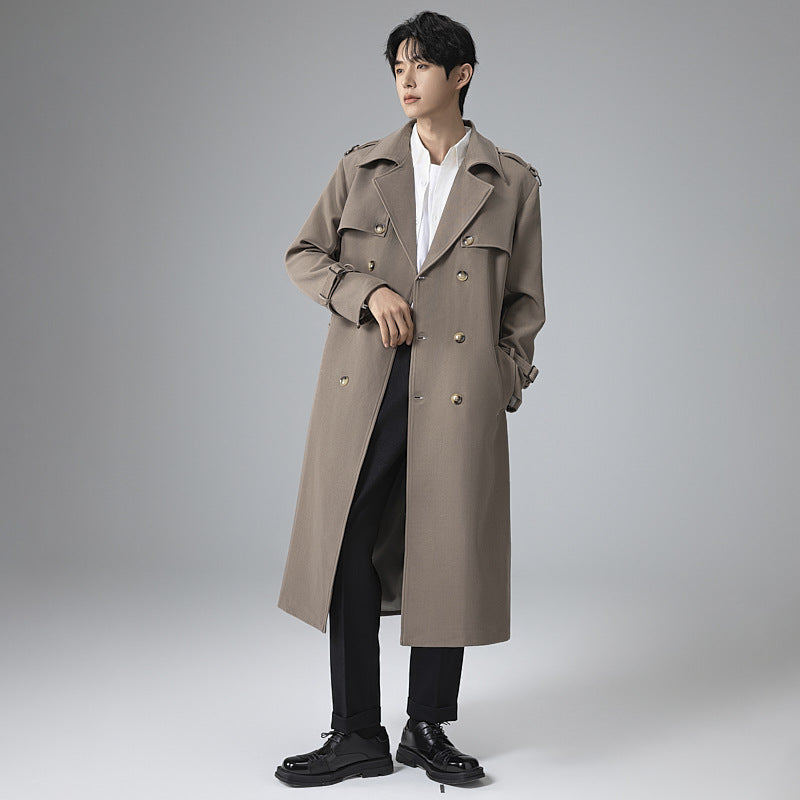 Herren Moderner Maxilanger Doppelreihiger Trenchcoat mit klassischem Revers und verstellbaren Manschetten Drune
