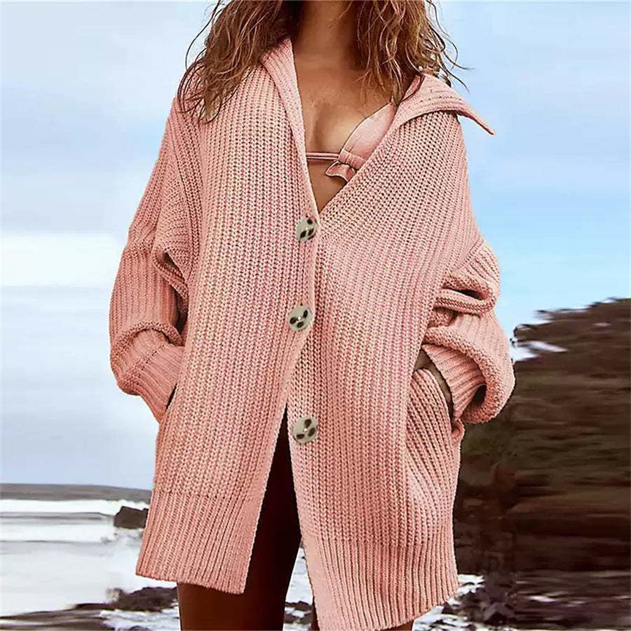 Damen Grobstrickjacke mit modernem Reverskragen und dekorativen Knöpfen Drune