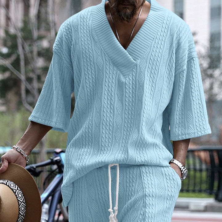 Damen Oversized Kurzarm-Strickpullover mit tiefem V‑Ausschnitt und Zopfmuster Drune