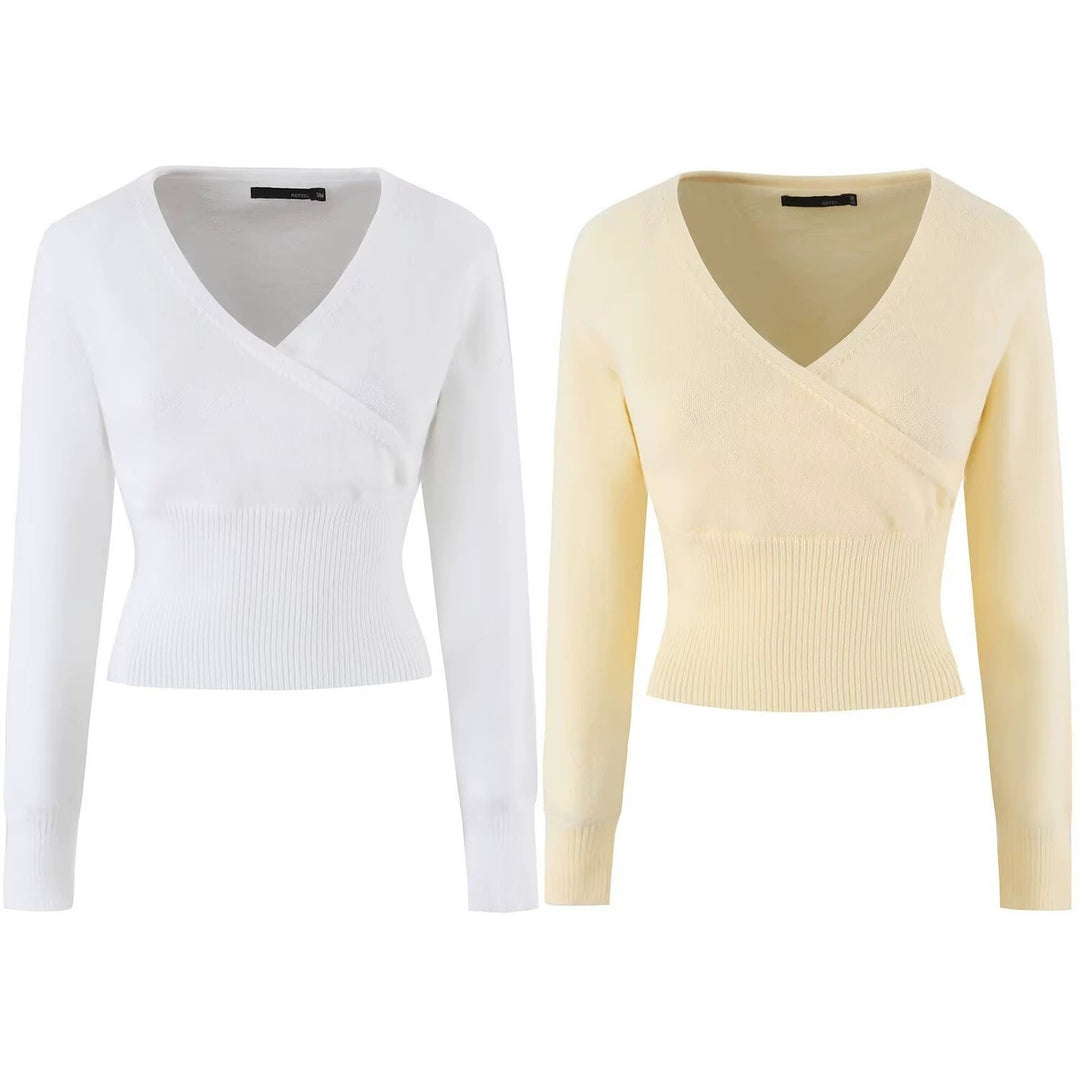 Damen Feines Wickel-Stricktop mit tailliertem Rippbund Drune
