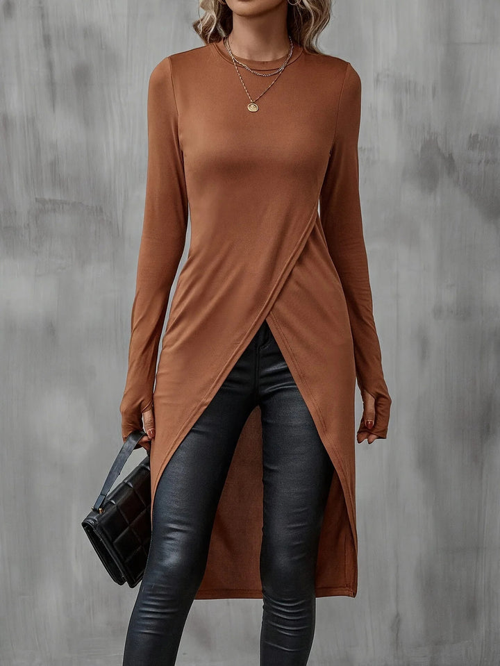 Damen Langes asymmetrisches Wickel-Tunika-Top mit Frontschlitz Drune