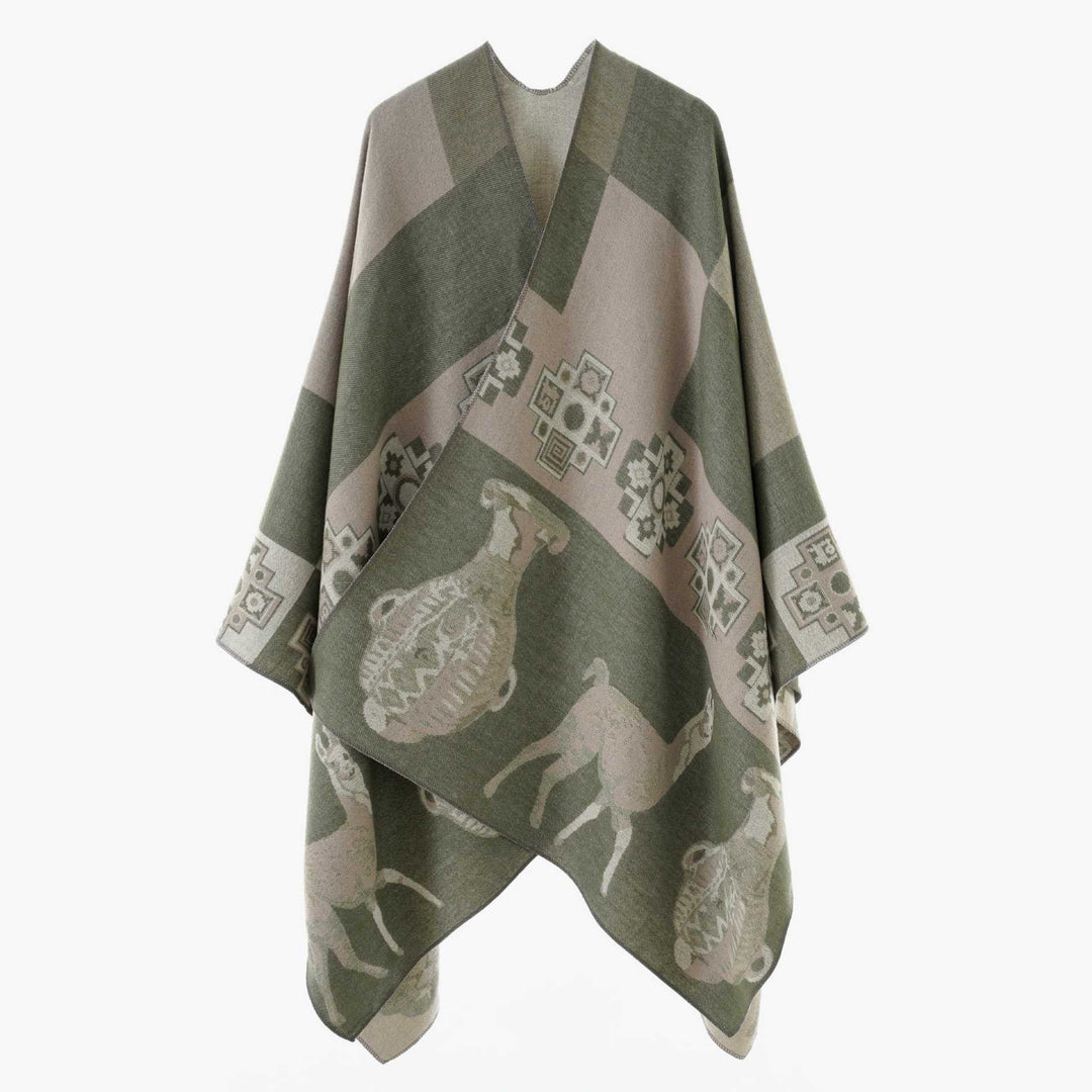 Damen Cape-Überwurf aus Jacquard-Strick mit Tier- und Ethno-Motiv Drune