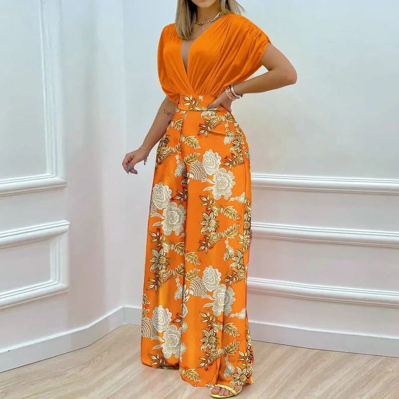 Damen Jumpsuit mit tiefem V-Ausschnitt und weitem Bein Drune