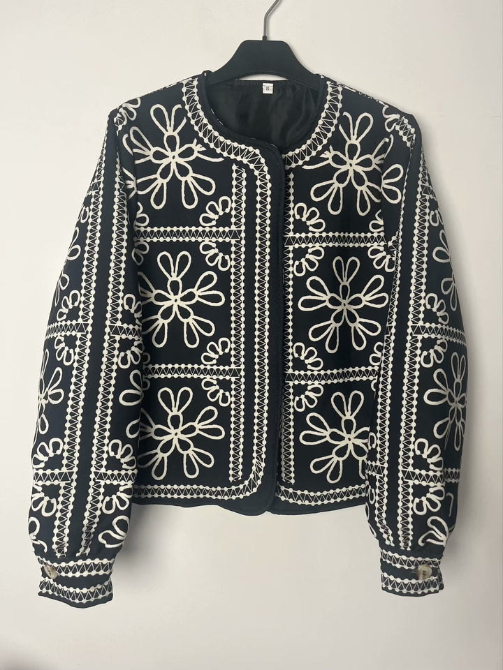 Damen Patchwork-Design Jacke mit floralem Muster und eleganten Applikationen Drune