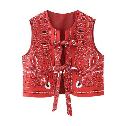 Damen nan ärmellose Bandana-Print Crop-Weste mit doppeltem Schleifenverschluss Drune