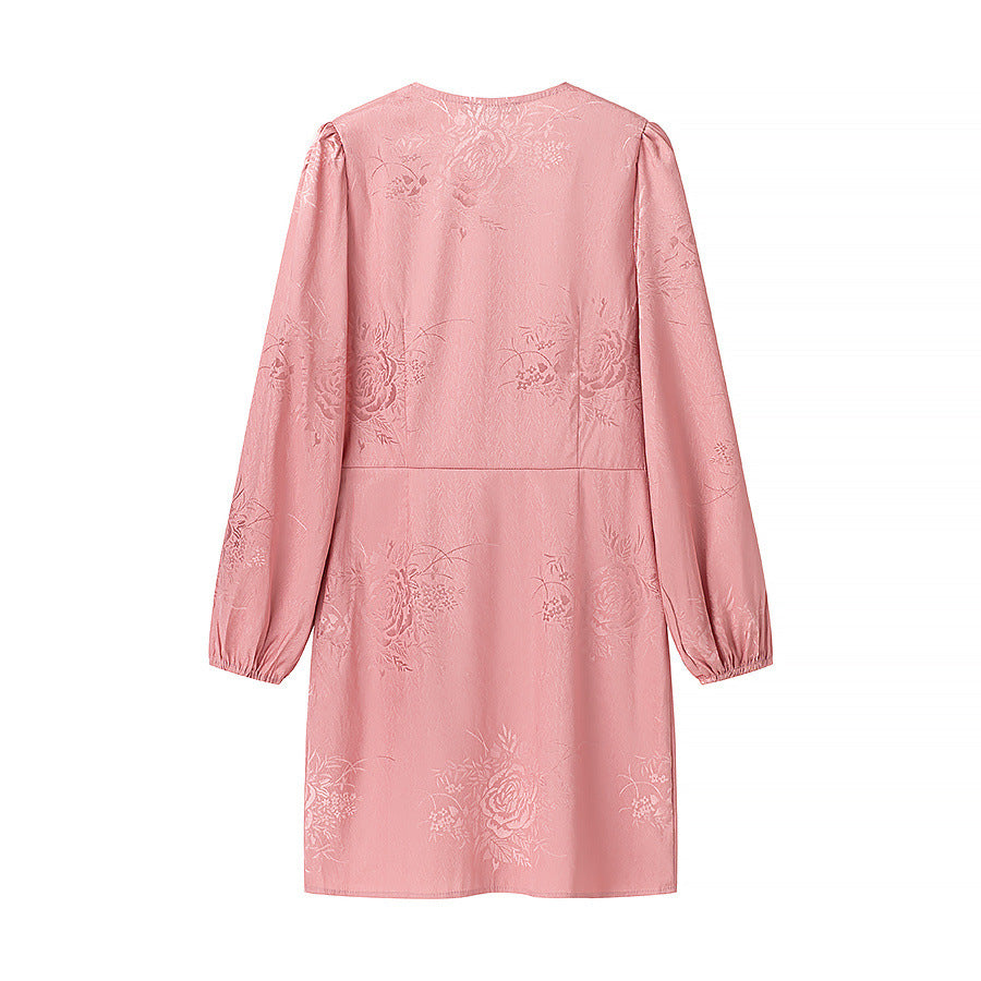 Damen nan Jacquard-Minikleid mit tiefem V-Ausschnitt, dekorativer Zierknopfleiste und voluminösen Ballonärmeln Drune