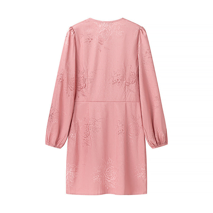 Damen nan Jacquard-Minikleid mit tiefem V-Ausschnitt, dekorativer Zierknopfleiste und voluminösen Ballonärmeln Drune