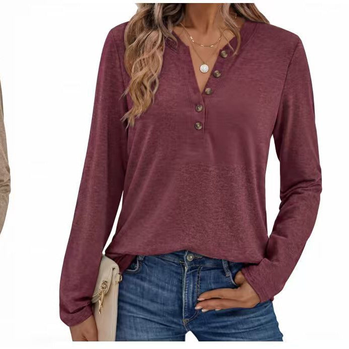 Damen Leichtes Henley-Longsleeve mit V‑Ausschnitt, Knopfleiste und legerer Passform Drune