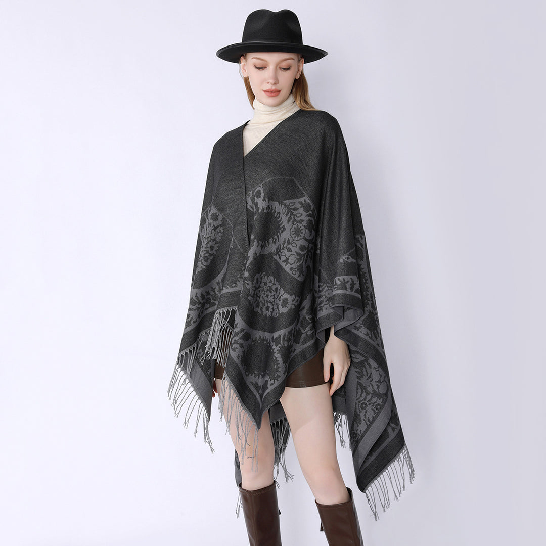 Damen Oversize-Umhangponcho mit floralen Medaillon-Jacquard und Fransensaum Drune