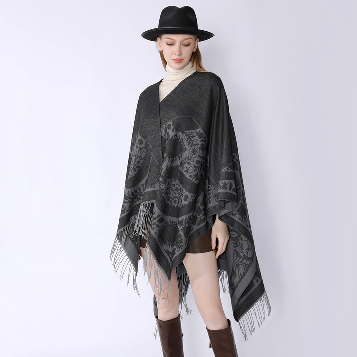 Damen Oversize-Umhangponcho mit floralen Medaillon-Jacquard und Fransensaum Drune