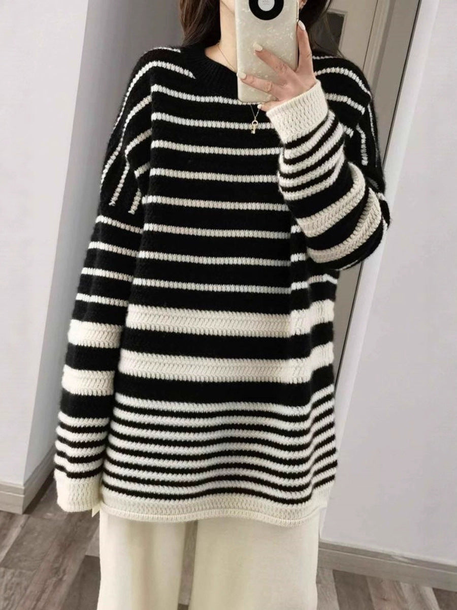 Damen Oversize-Longpullover aus grobem Streifenstrick mit Rundhalsausschnitt Drune