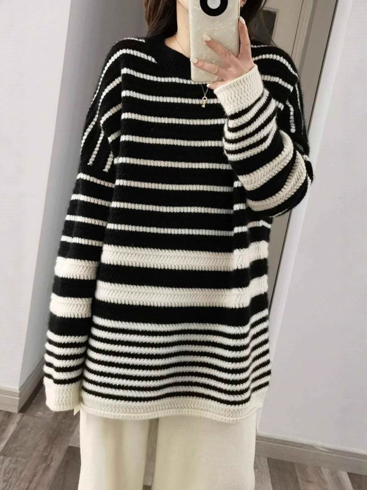 Damen Oversize-Longpullover aus grobem Streifenstrick mit Rundhalsausschnitt Drune
