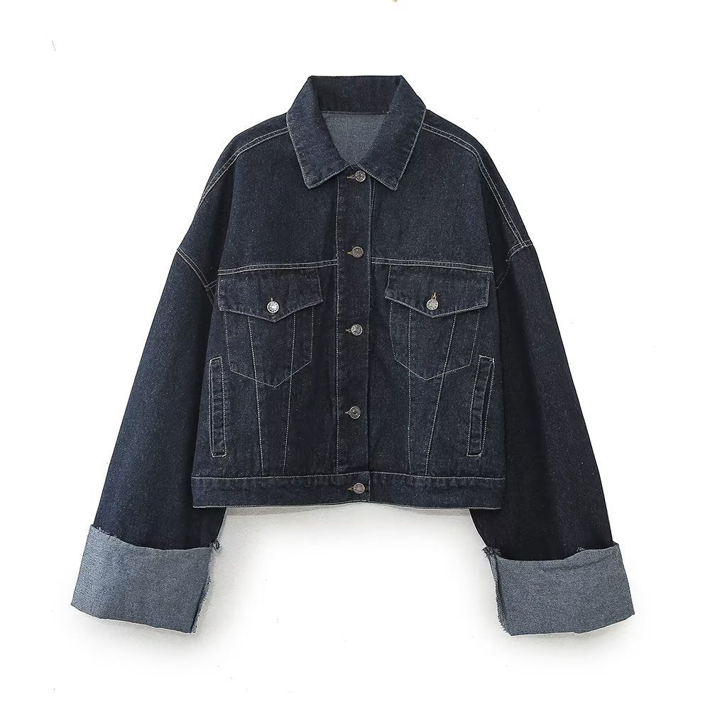 Damen 1700+ Cropped Jeansjacke mit überlangen Umschlagmanschetten und kastiger Silhouette Drune