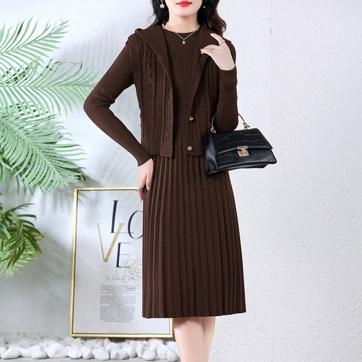 Damen elegantes Strickkleid mit großem Kragen und Knopfdetails Drune