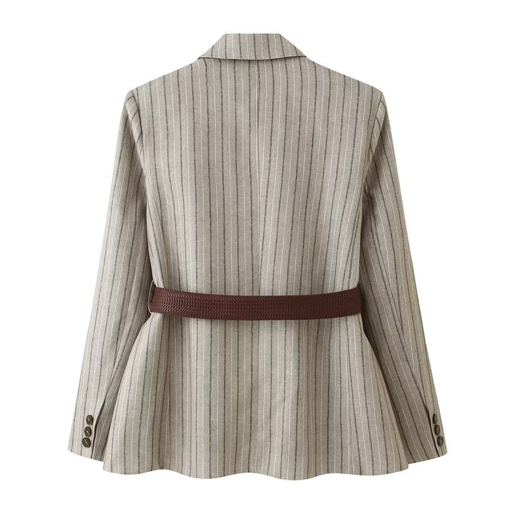 Damen Taillierter Leinenmix-Blazer mit Nadelstreifen, Pattentaschen und Taillengürtel-Detail Drune