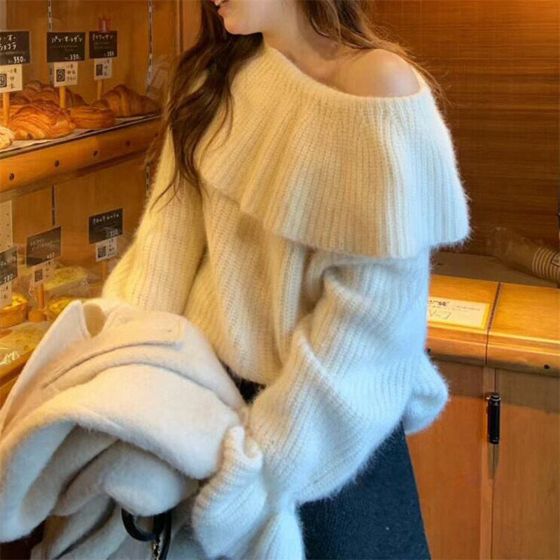Damen Off-Shoulder Pullover aus grobem Strick Drune