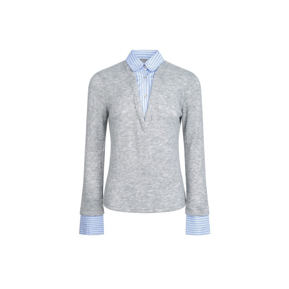 Damen Lagenlook-Pullover mit integriertem Hemdkragen und Manschetten Drune