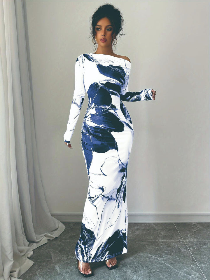 Damen elegantes Langarmkleid mit floralem Motiv Drune