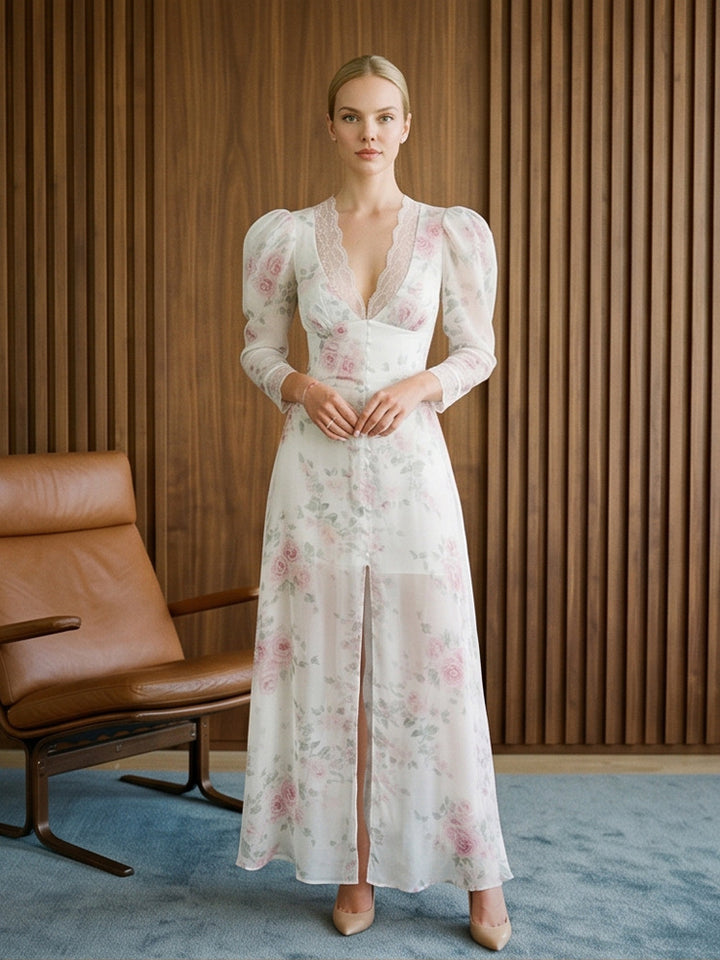 Damen Romantisches Chiffon-Maxikleid mit Spitzen‑V‑Ausschnitt, Puffärmeln und vorderem Schlitz Drune