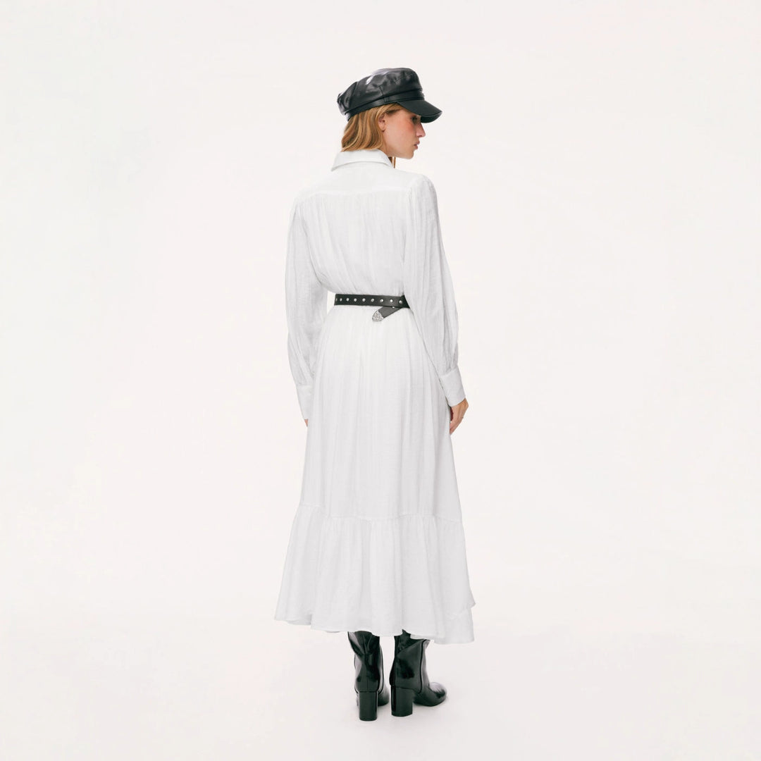 Damen Langes Hemdblusenkleid mit Spitzenbesatz, Taillierung und Stufenrock Drune