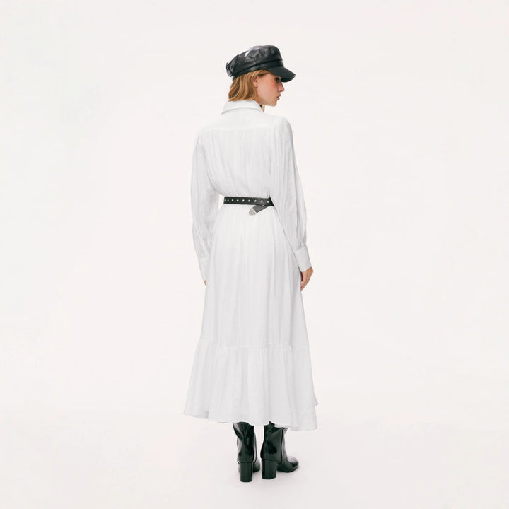 Damen Langes Hemdblusenkleid mit Spitzenbesatz, Taillierung und Stufenrock Drune