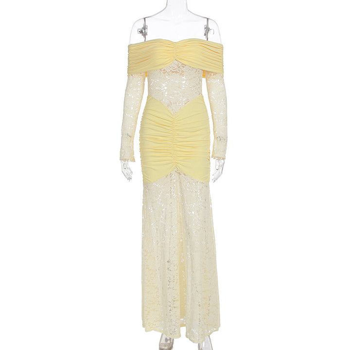 Damen Elegantes Spitzen-Maxikleid mit elegantem Off-Shoulder Design und Raffungen Drune