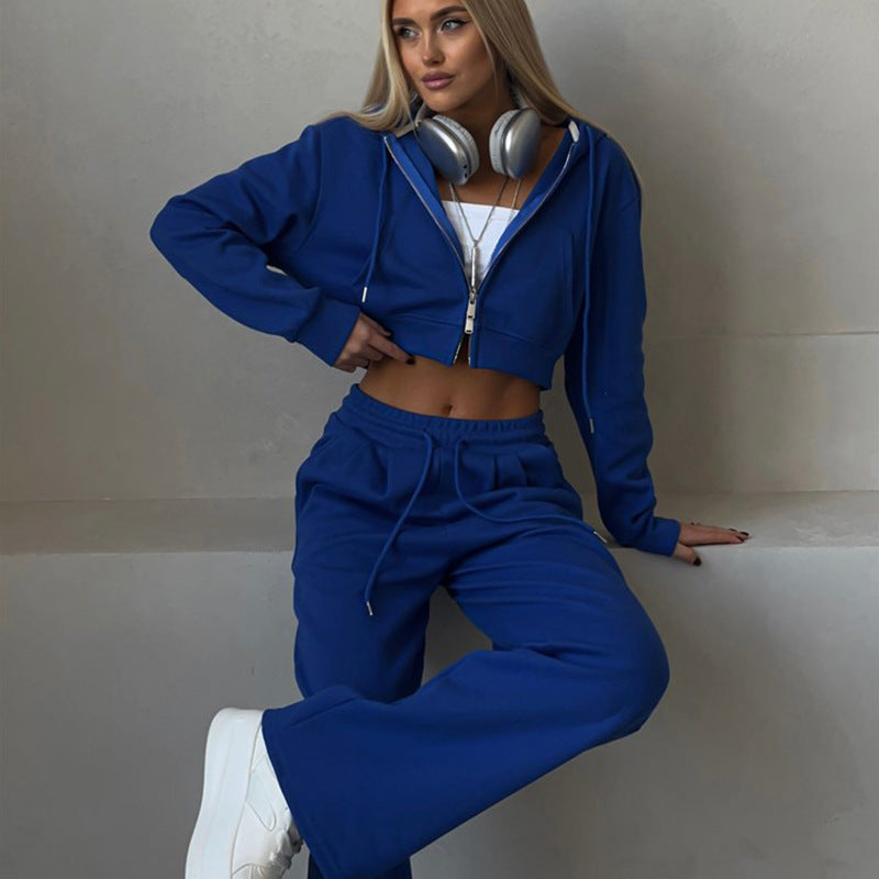 Damen cropped Reißverschluss-Kapuzenpullover mit hohem Bund Palazzo-Jogger Set Drune