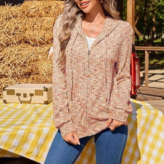 Damen Leichter Strick-Kapuzencardigan mit durchgehendem Reißverschluss und Eingrifftaschen Drune