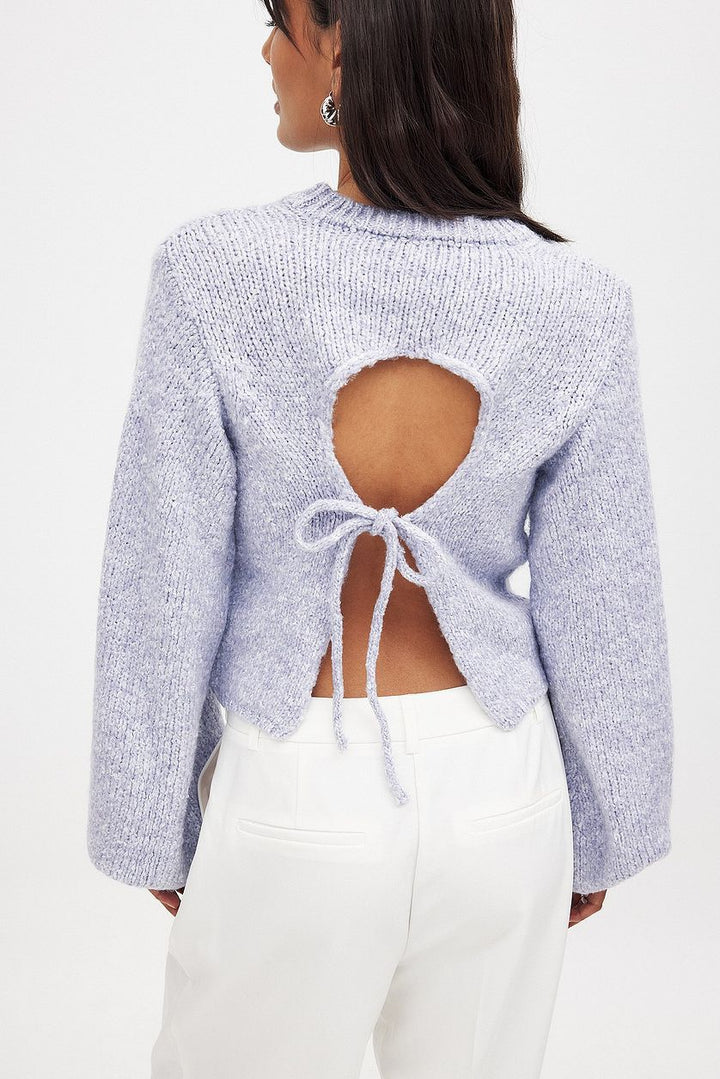 Damen lässiger Strickpullover mit elegantem Rückenausschnitt und Knoten Drune