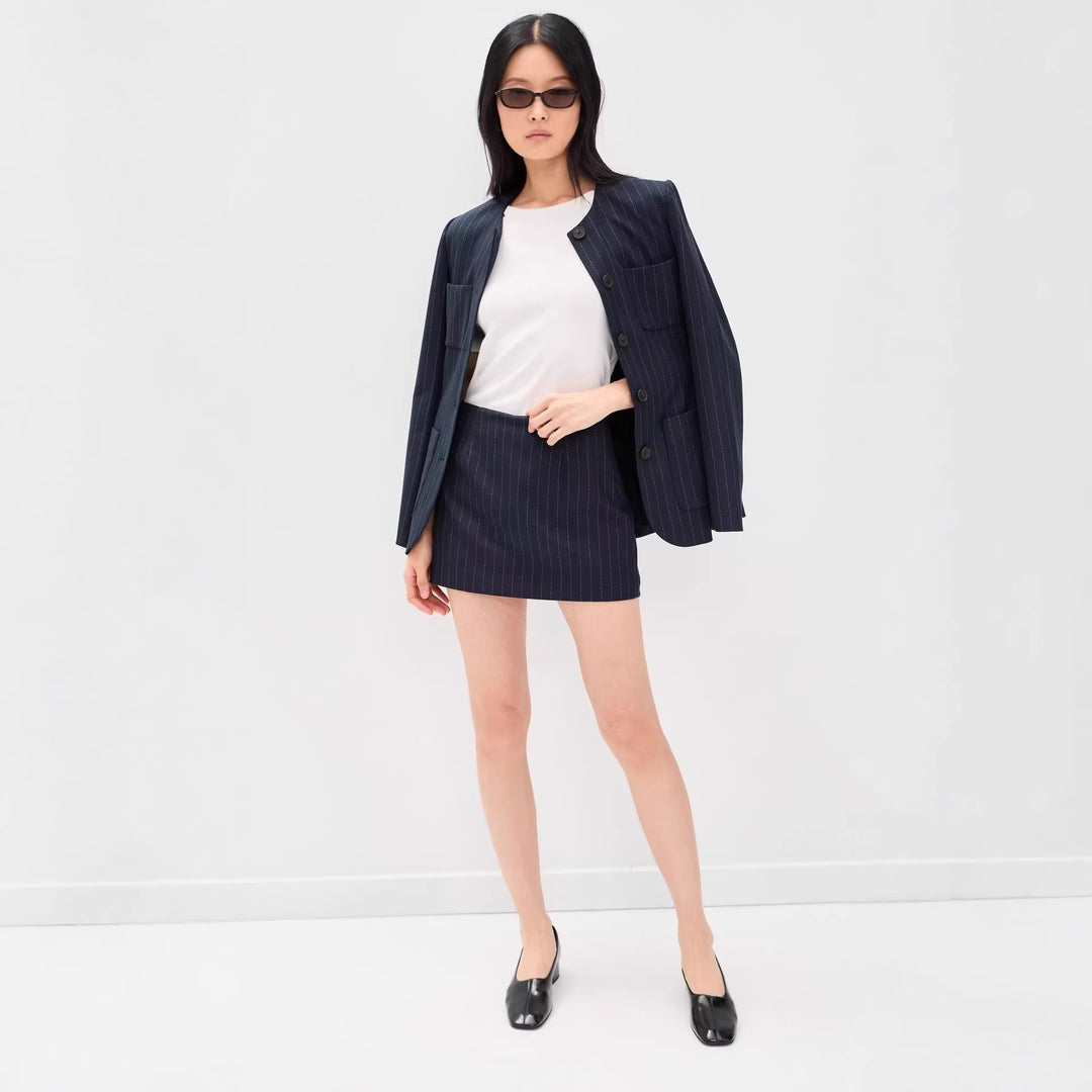 Damen Nadelstreifen‑Blazer ohne Revers mit tailliertem Minirock‑Set Drune