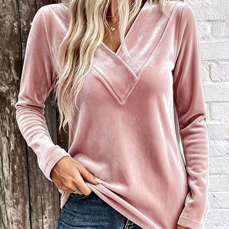 Damen Velours-Longsleeve mit überlappendem V-Ausschnitt und femininer Drapierung Drune